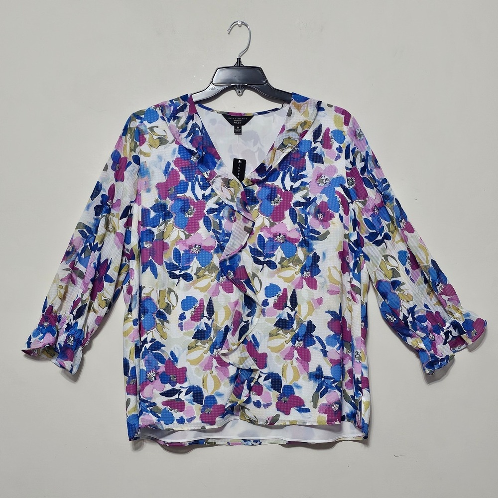 Investments Top Blouse‎ 1X Purple Blue Multicolor V-neck 3/4 Sleeves Ruffle 0669